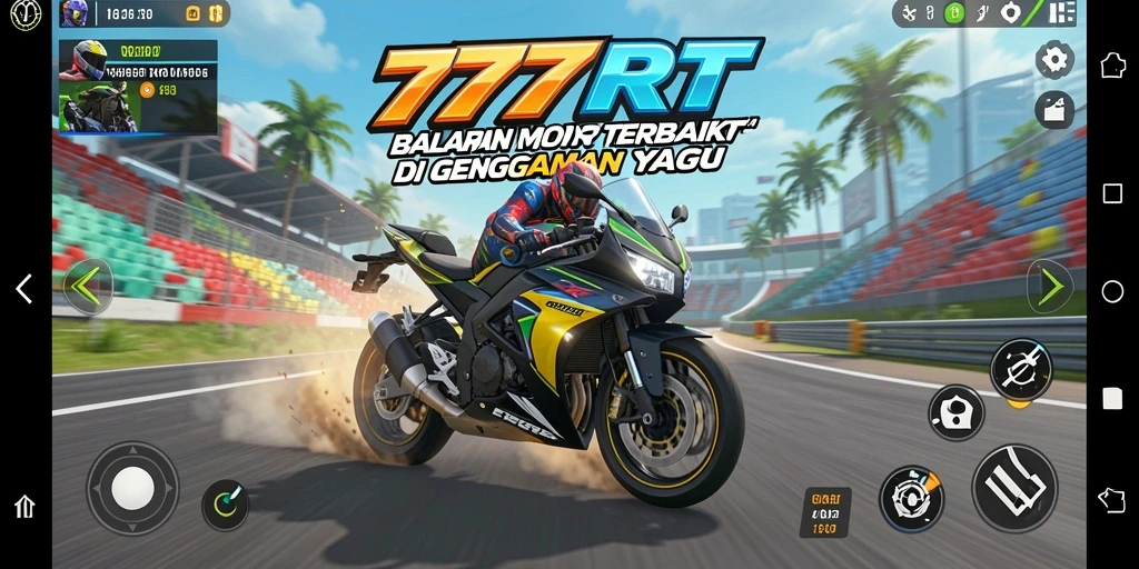 Tampilan gameplay balapan motor yang mendebarkan di 777RT.