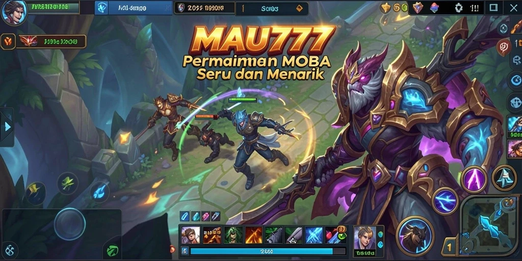 Screenshot utama MAU777 menampilkan pertarungan tim yang mendebarkan dalam skenario MOBA.